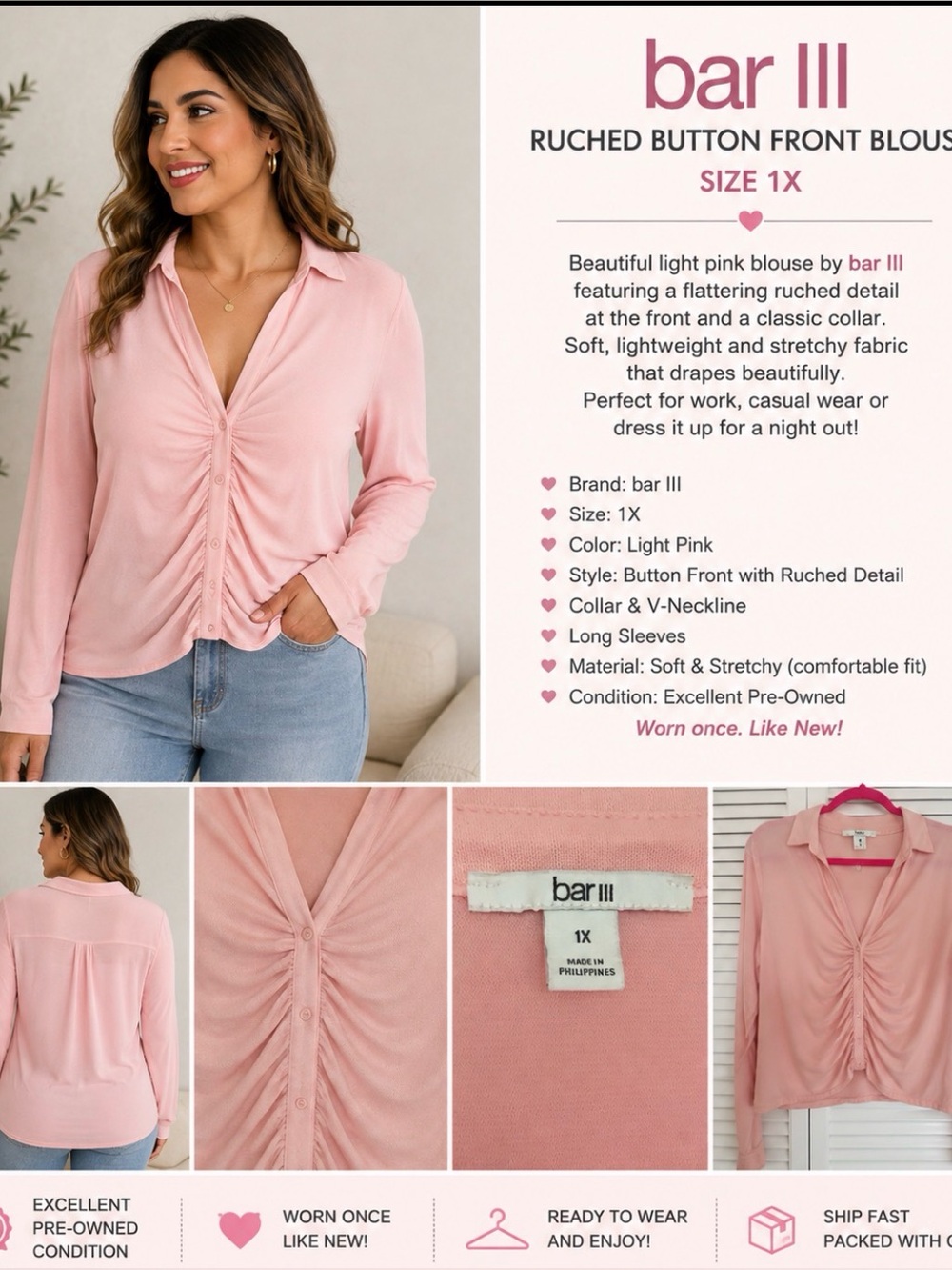 Bar III Pink Ruched Button Front Blouse Size 1X